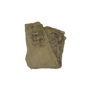 Free People Issa Cargo Pants Linen in Olive Green Bohemian Pattern  - Size US 12